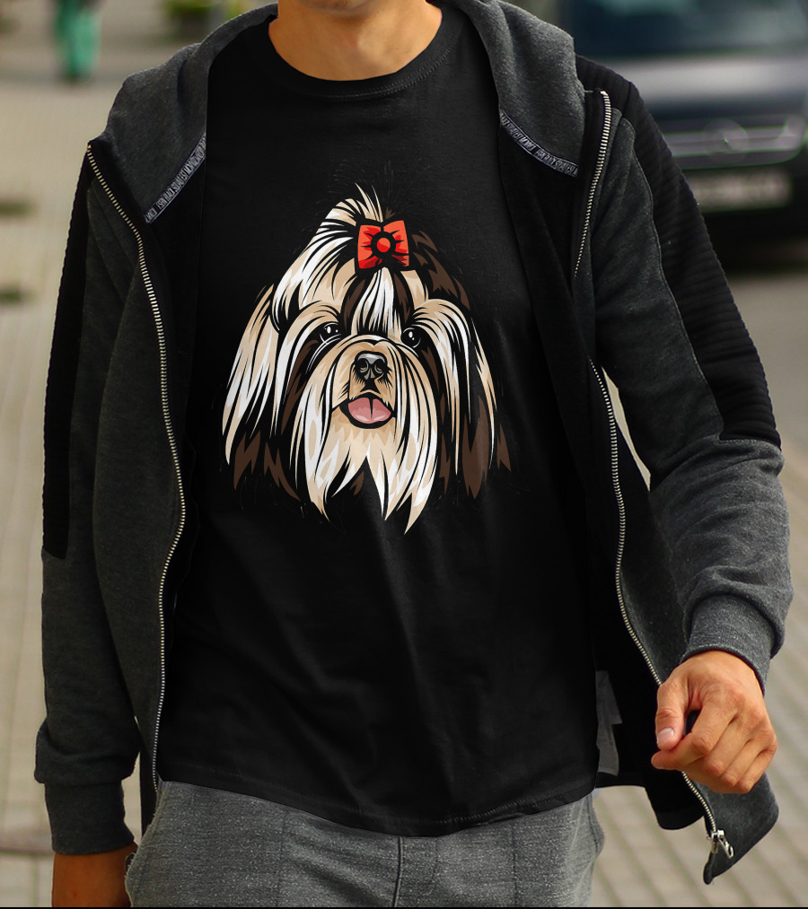 Cool Shih Tzu Face Red Bow Detailed T-Shirt