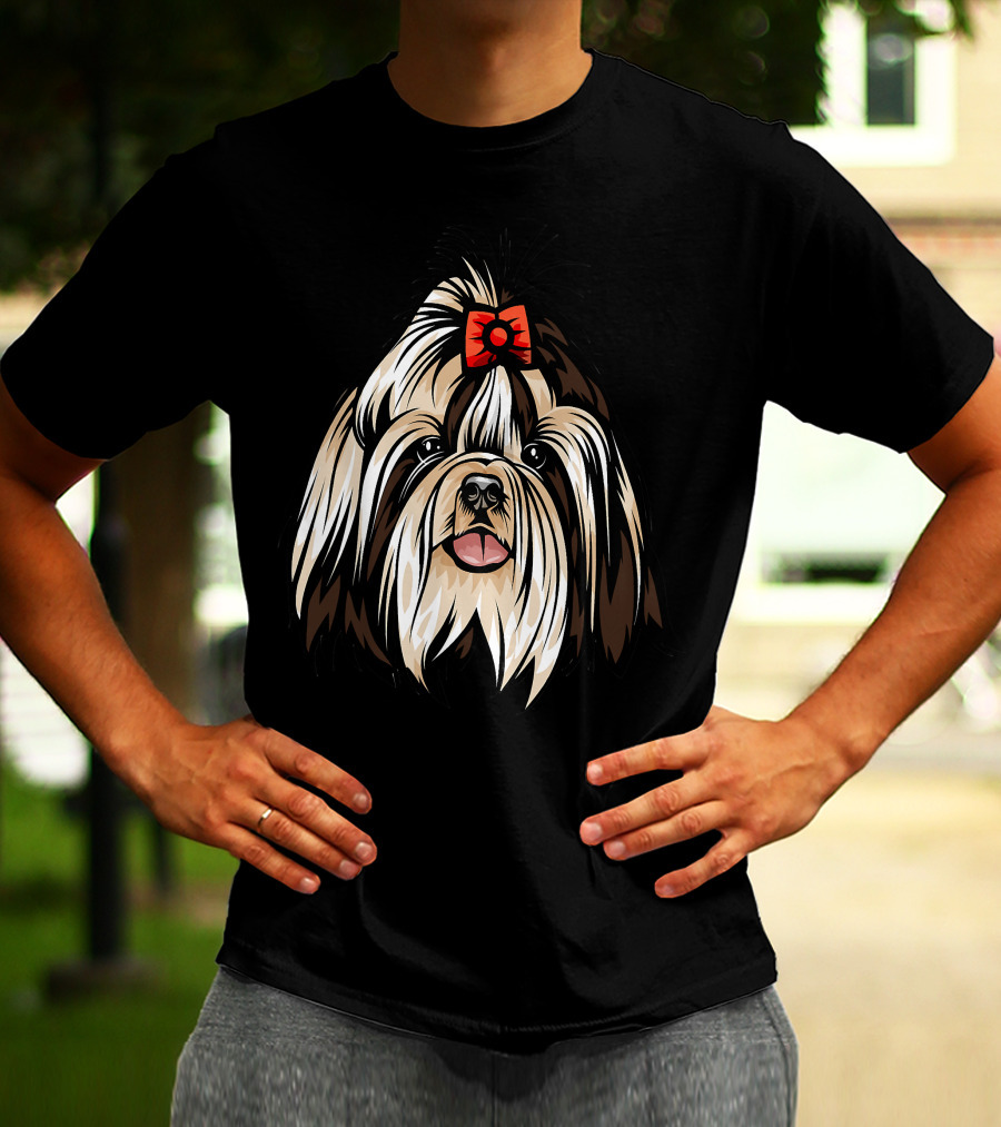 Cool Shih Tzu Face Red Bow Detailed T-Shirt