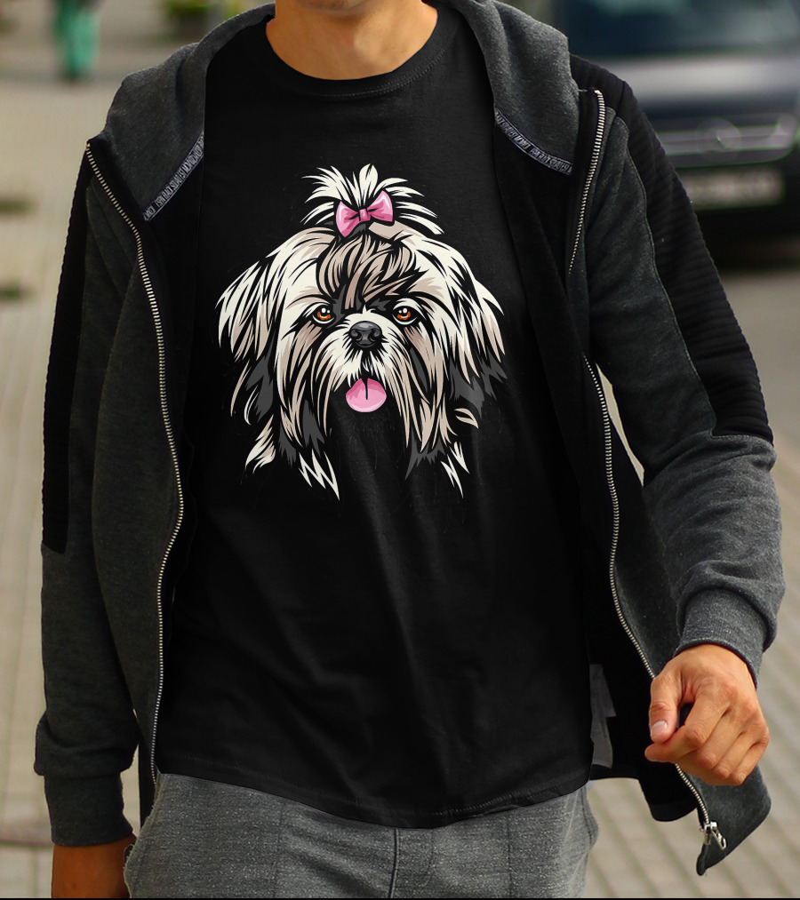 Cool Shih Tzu Face Pink Bow Cartoon T-Shirt