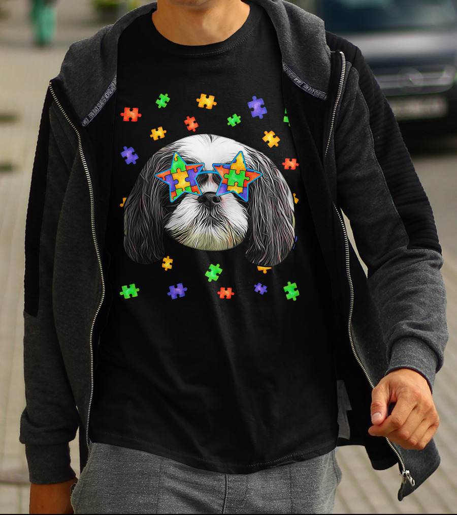 Autism Shih Tzu Dog Wearing Star Puzzle Piece Sunglasses With Colorful Pet Puzzle Surrounding T-Shirt