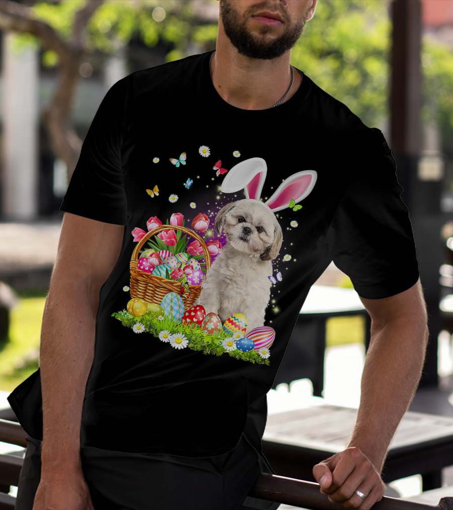 Shih Tzu Bunny Ears With Easter Eggs And Flower Basket T-Shirt