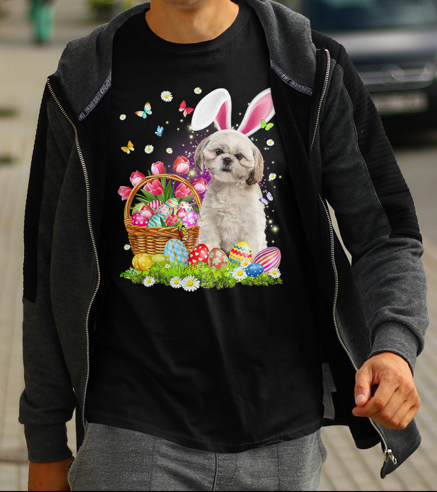 Shih Tzu Bunny Ears With Easter Eggs And Flower Basket T-Shirt