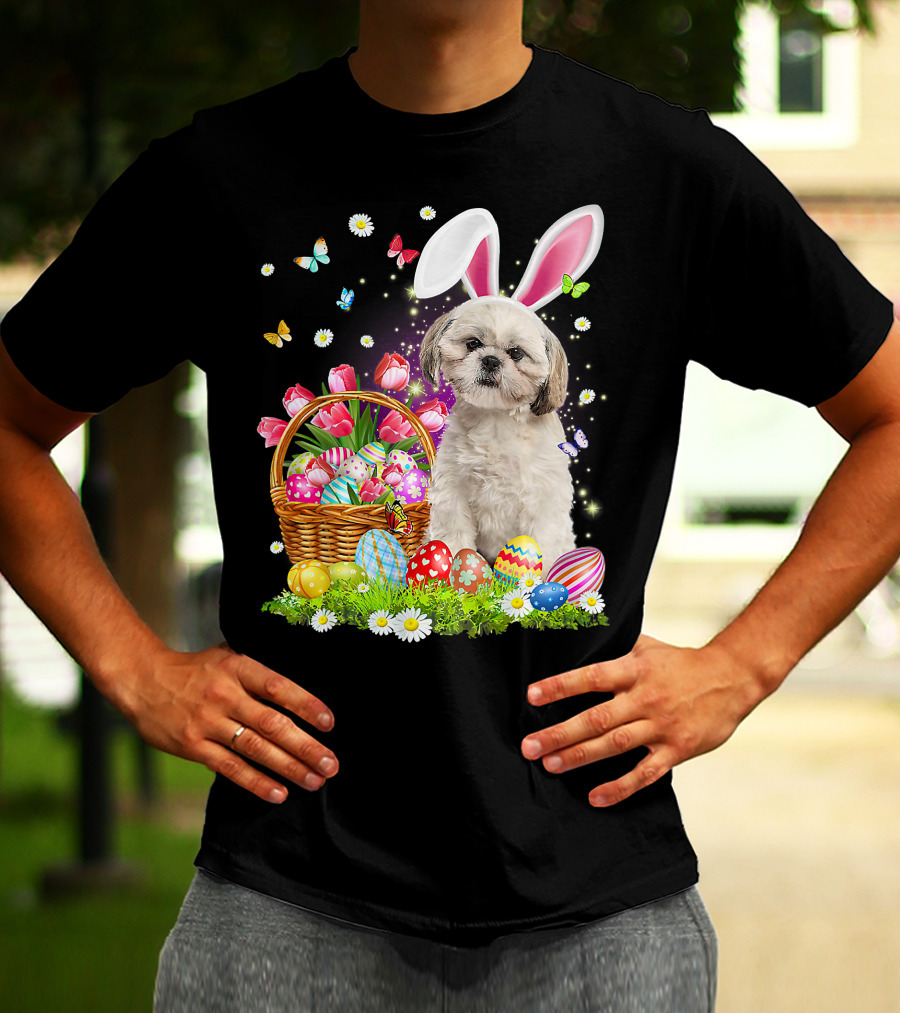 Shih Tzu Bunny Ears With Easter Eggs And Flower Basket T-Shirt