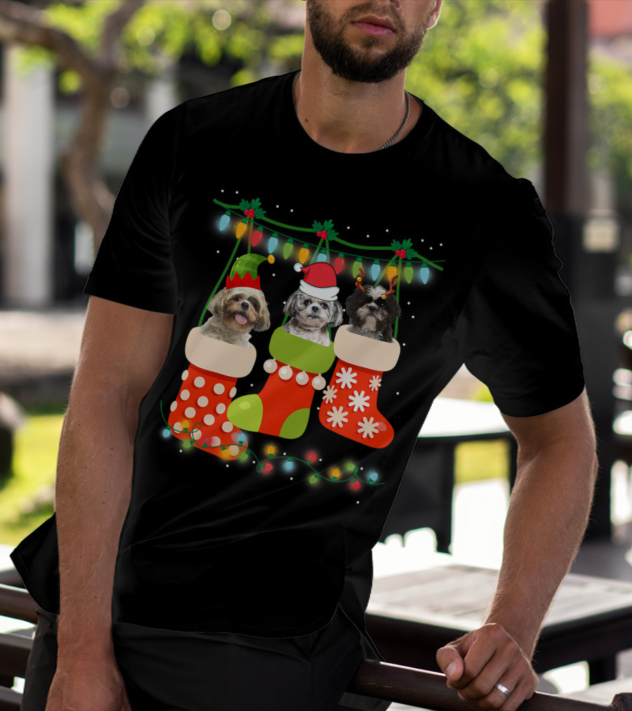 Cute Christmas Shih Tzu In Sock With Santa Hat Reindeer Antlers And Elf Hat T-Shirt