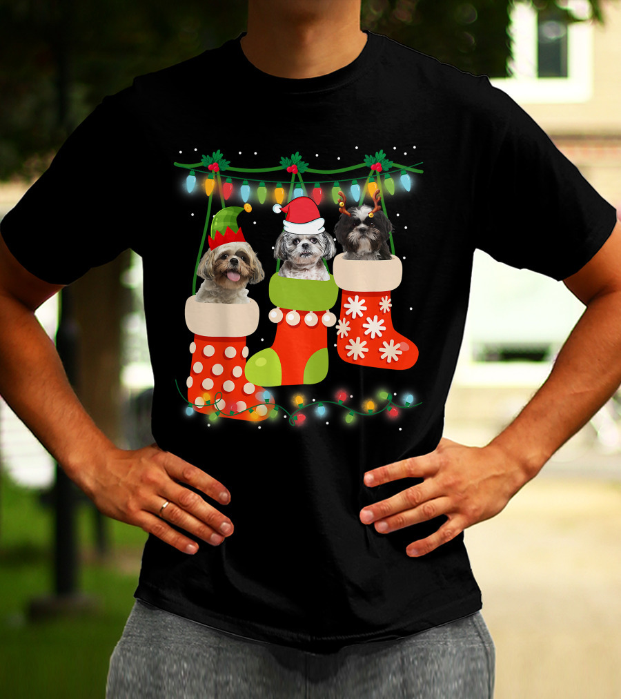 Cute Christmas Shih Tzu In Sock With Santa Hat Reindeer Antlers And Elf Hat T-Shirt