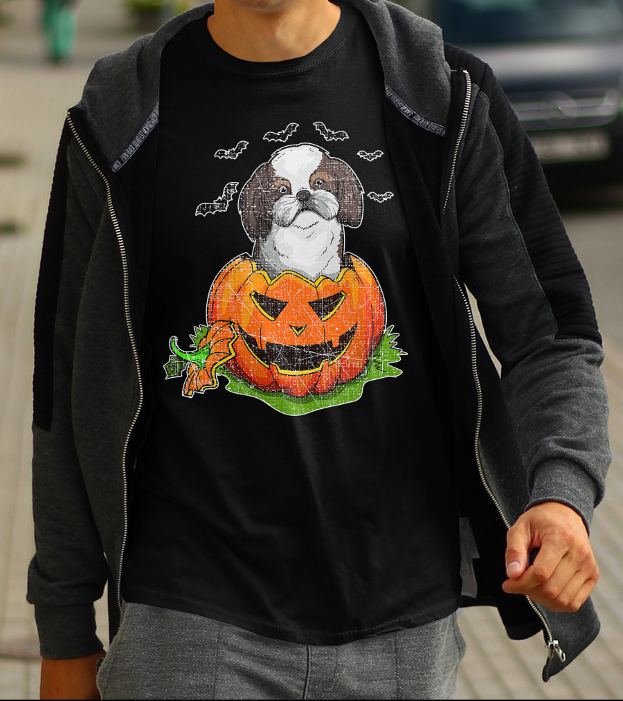 Cute Shih Tzu In Halloween Pumpkin With Bats T-Shirt