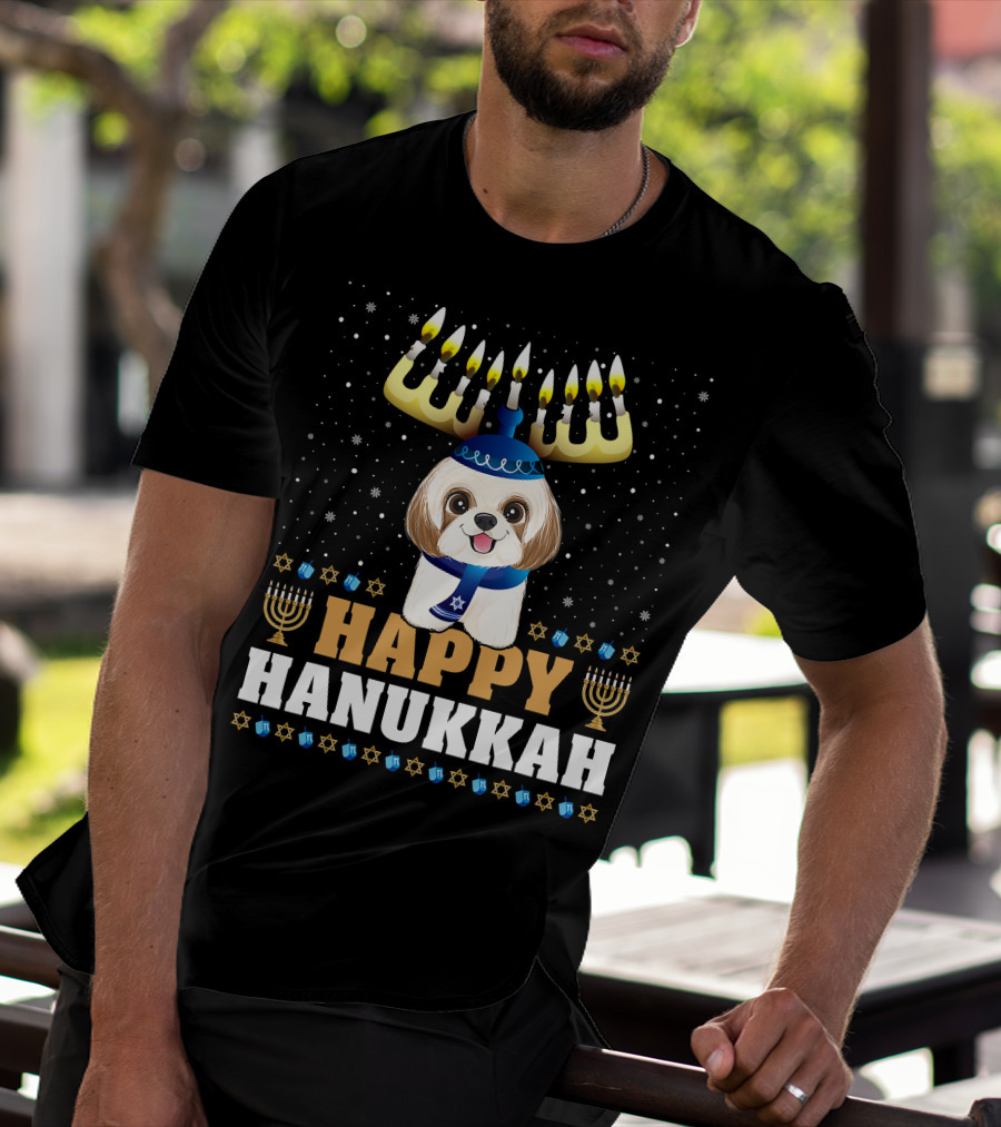 Cute Menorah Chanukah Funny Shih Tzu Happy Hanukkah T-Shirt