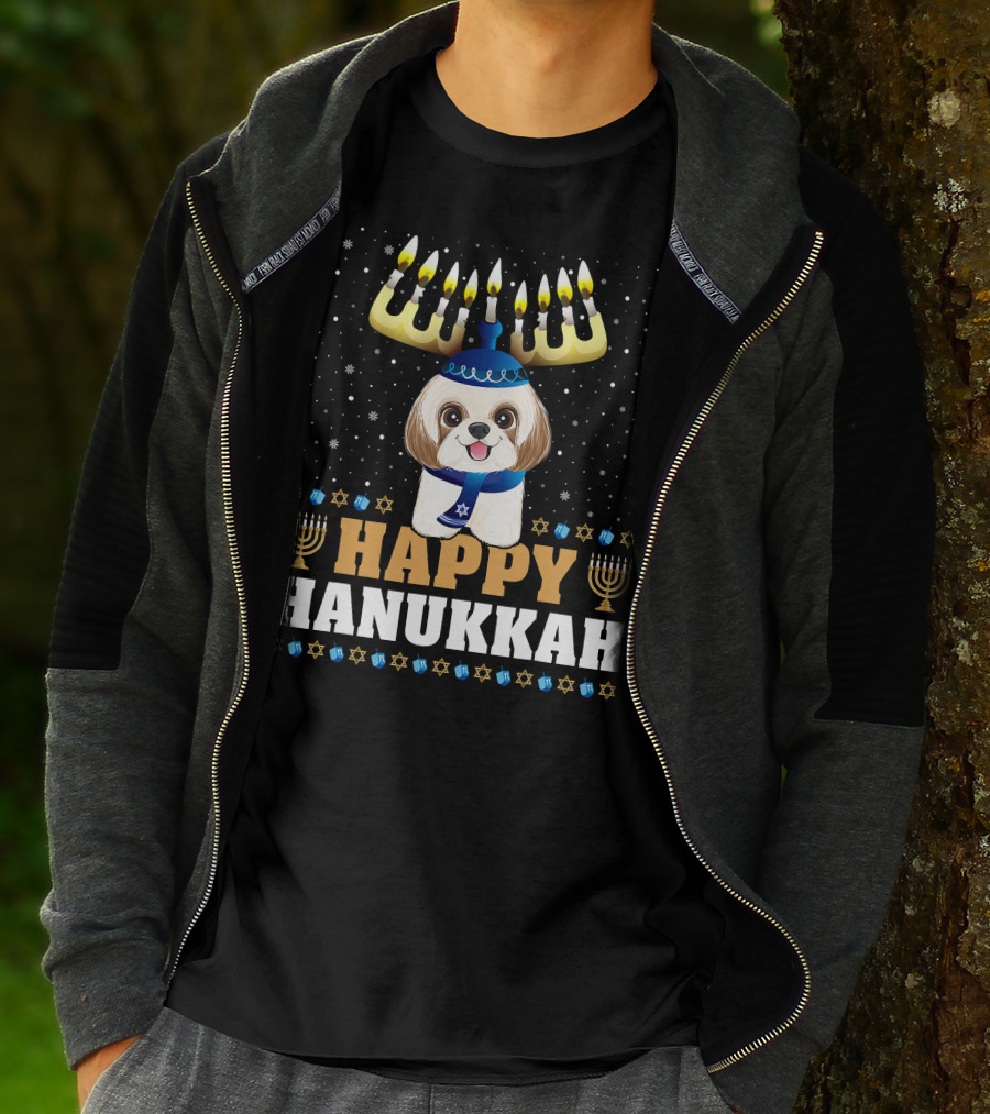 Cute Menorah Chanukah Funny Shih Tzu Happy Hanukkah T-Shirt