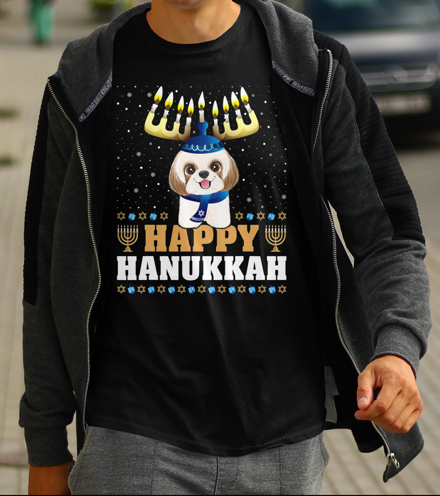 Cute Menorah Chanukah Funny Shih Tzu Happy Hanukkah T-Shirt