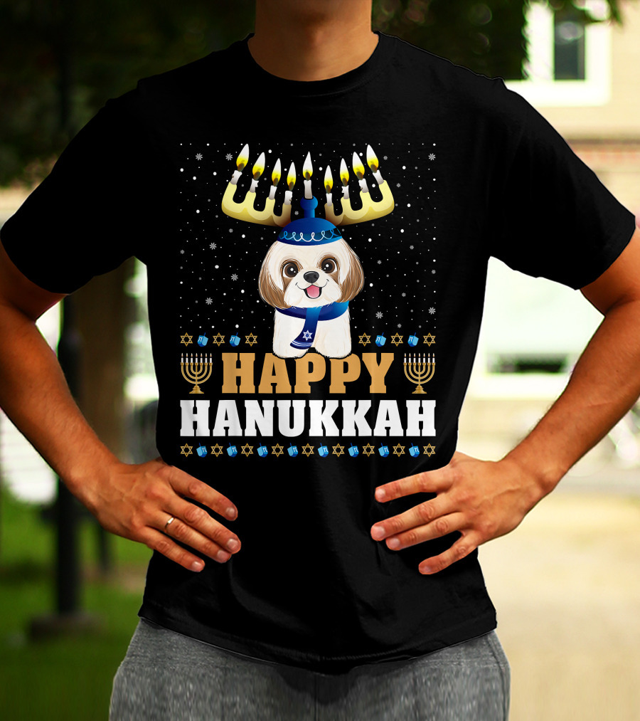 Cute Menorah Chanukah Funny Shih Tzu Happy Hanukkah T-Shirt