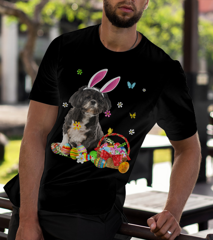 Shih Tzu Happy Easter Dog Lover Bunny Ears And Easter Egg Basket T-Shirt