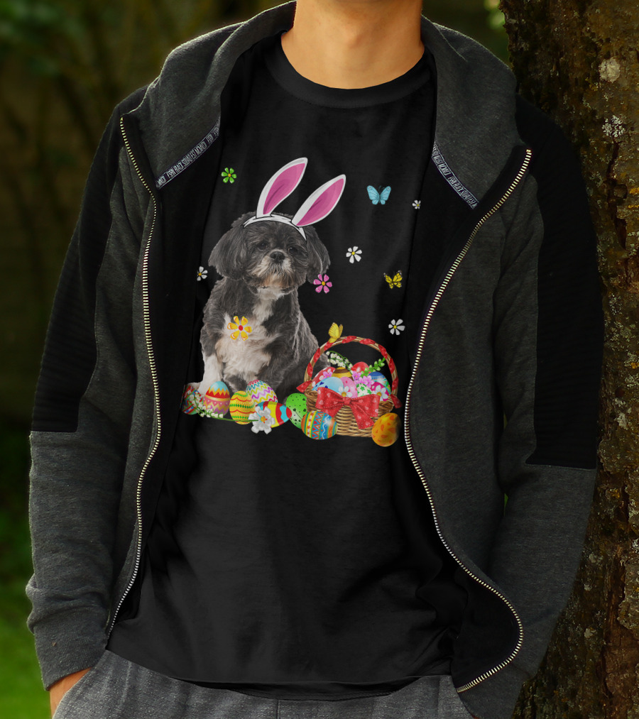 Shih Tzu Happy Easter Dog Lover Bunny Ears And Easter Egg Basket T-Shirt