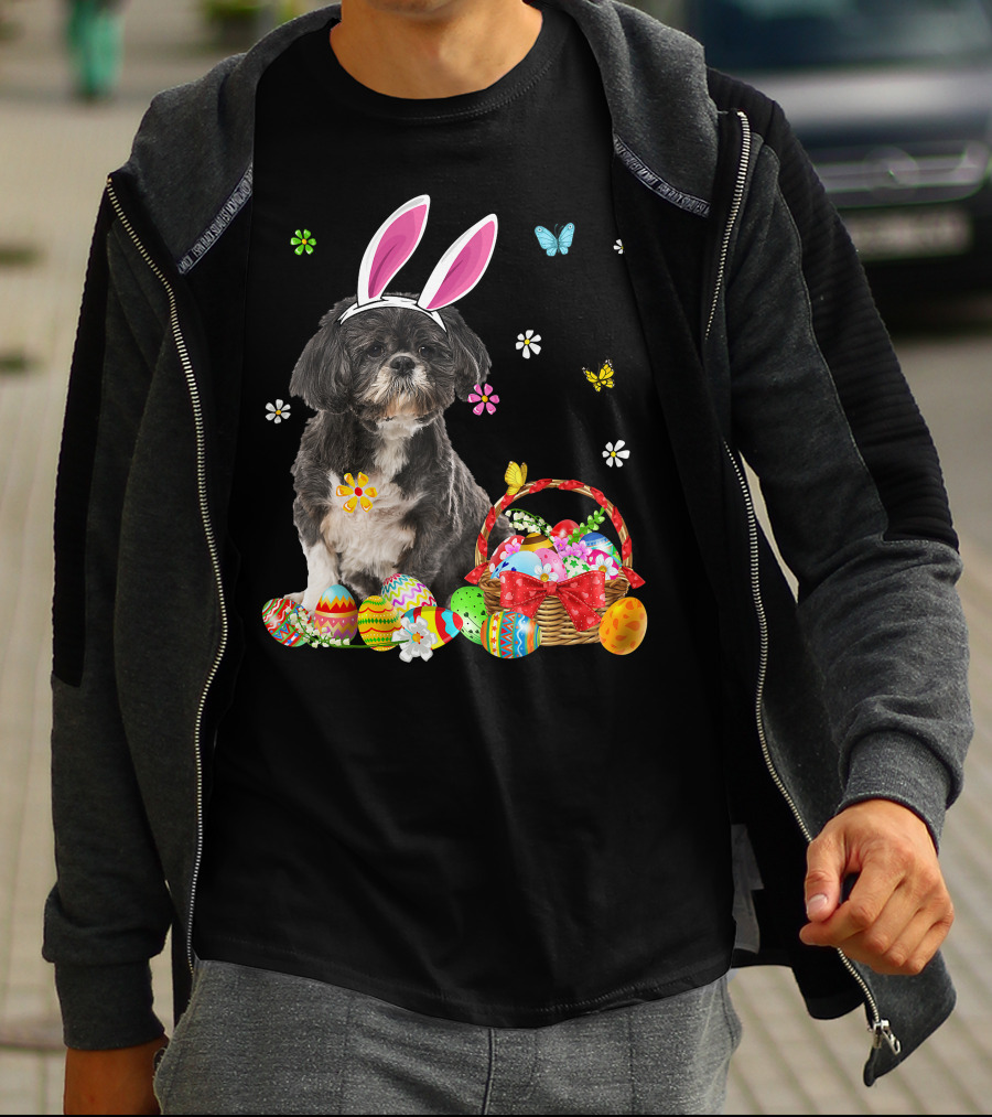 Shih Tzu Happy Easter Dog Lover Bunny Ears And Easter Egg Basket T-Shirt