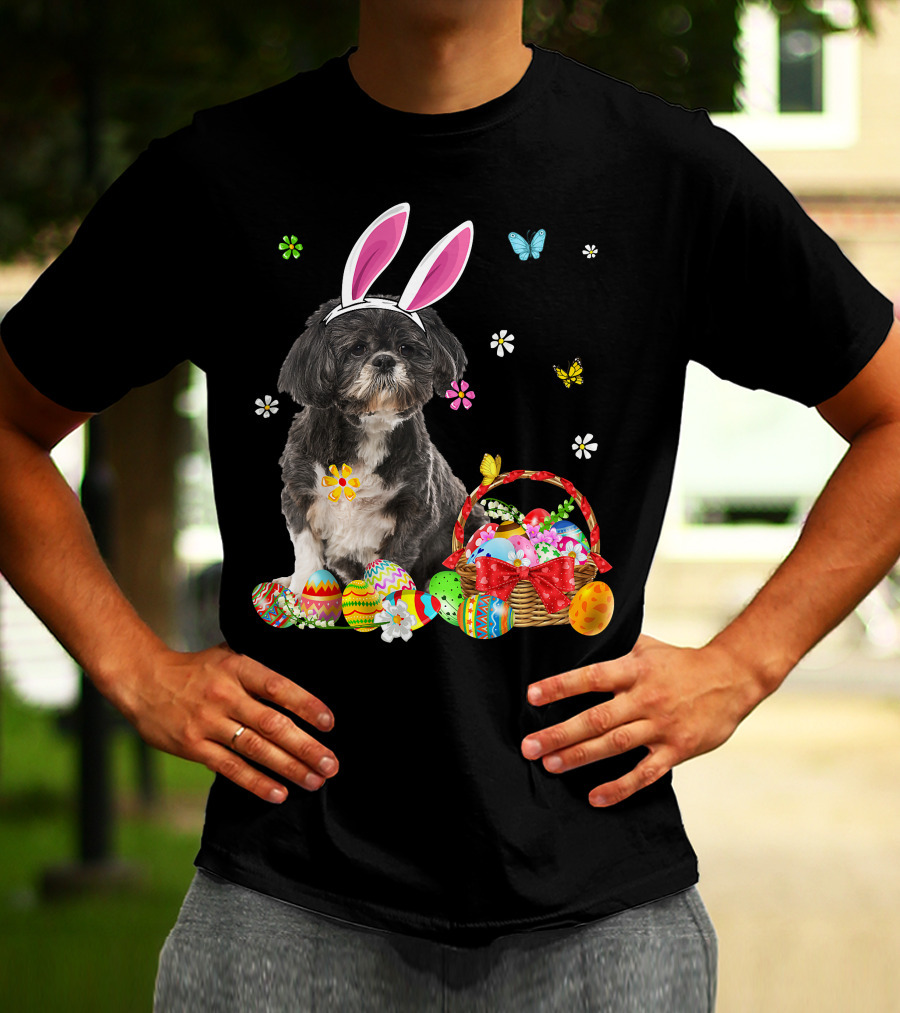 Shih Tzu Happy Easter Dog Lover Bunny Ears And Easter Egg Basket T-Shirt