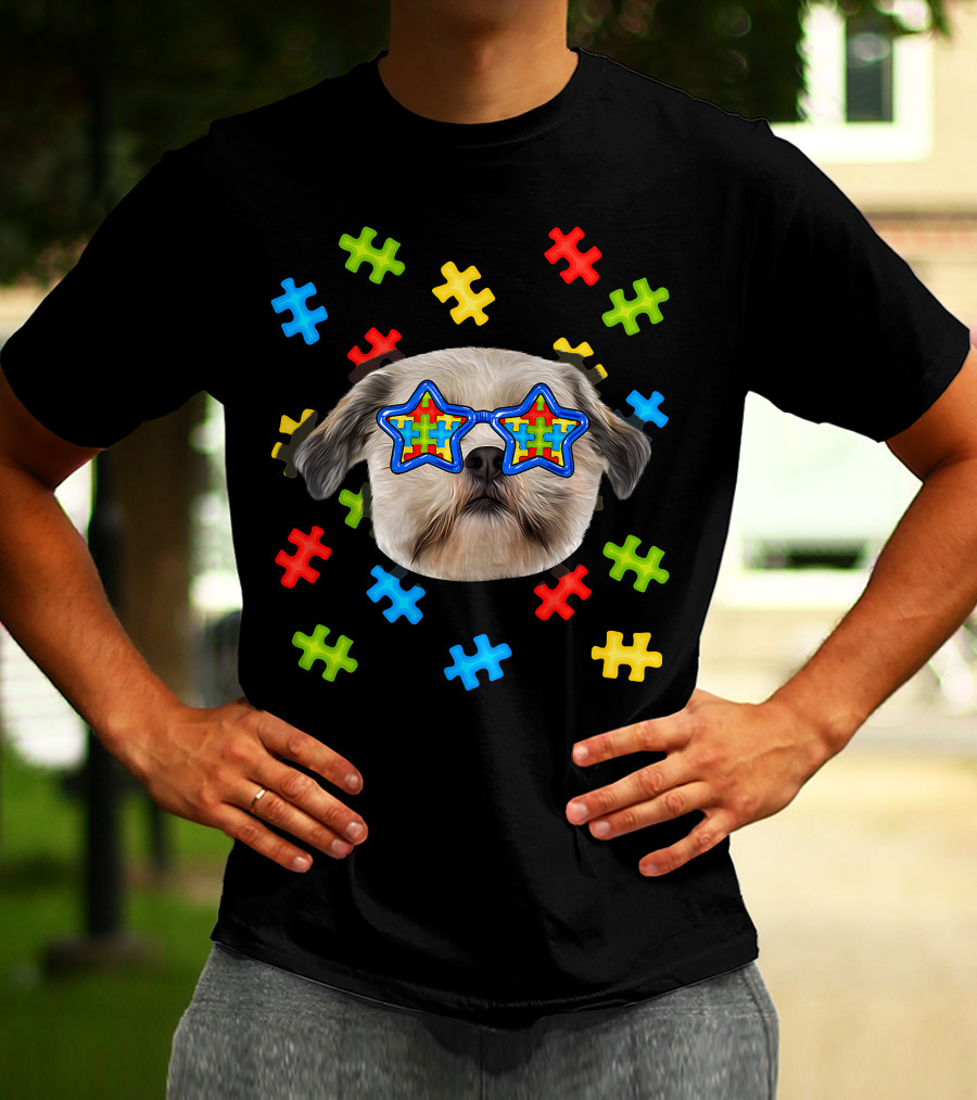 Shih Tzu Puppies Autism Puzzle Star Sunglasses T-Shirt