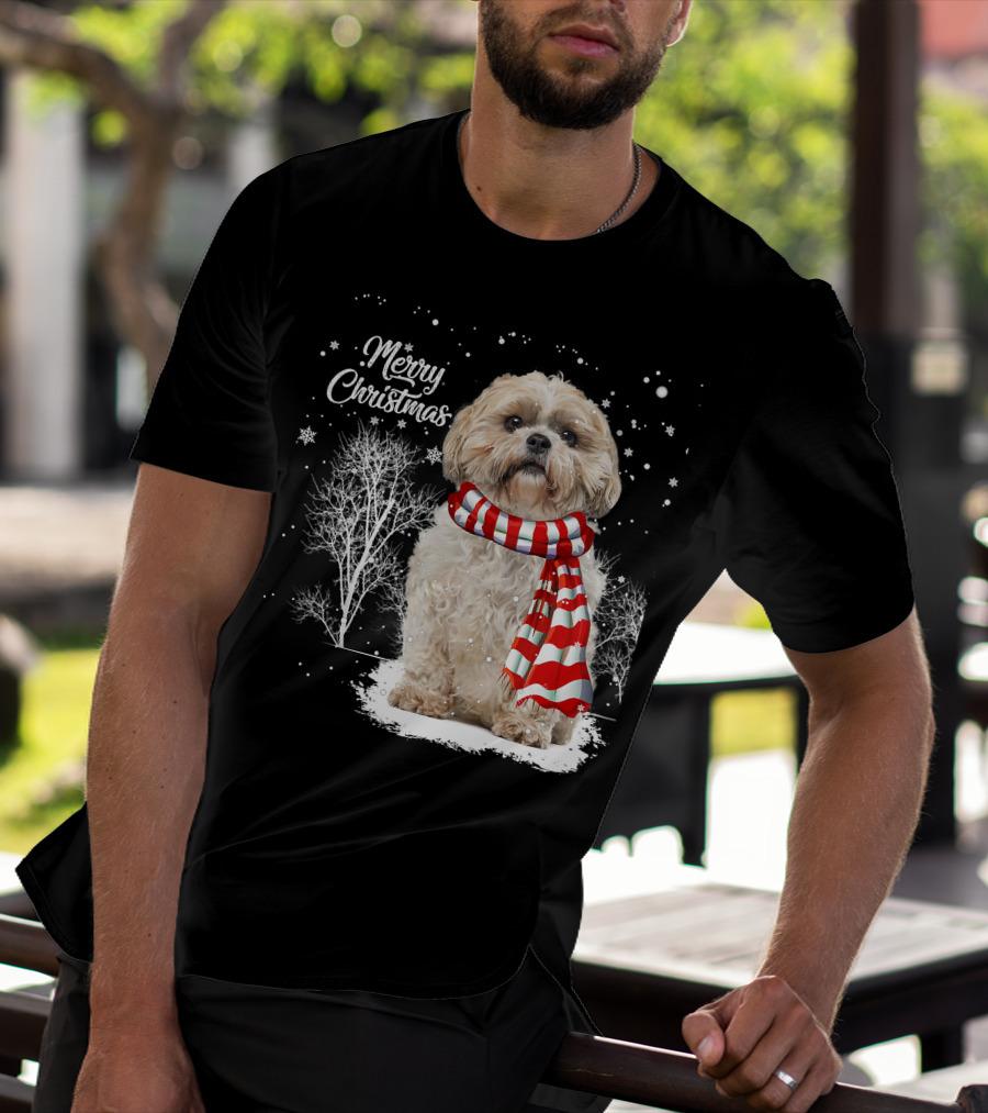 Shih Tzu Christmas Puppy Dog Lover Family Mat With Festive Scarf Snowflakes And Winter Trees T-Shirt