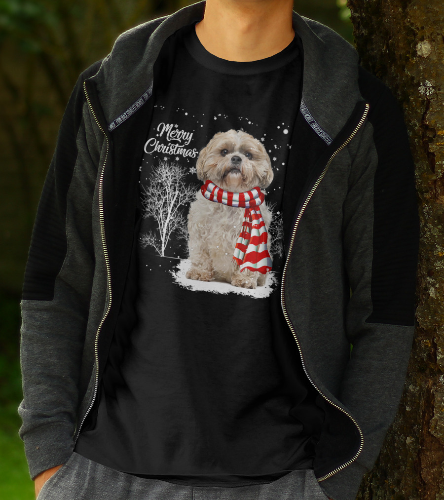 Shih Tzu Christmas Puppy Dog Lover Family Mat With Festive Scarf Snowflakes And Winter Trees T-Shirt