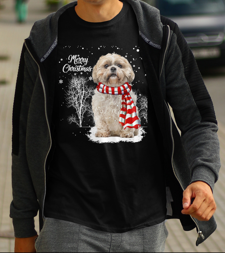 Shih Tzu Christmas Puppy Dog Lover Family Mat With Festive Scarf Snowflakes And Winter Trees T-Shirt