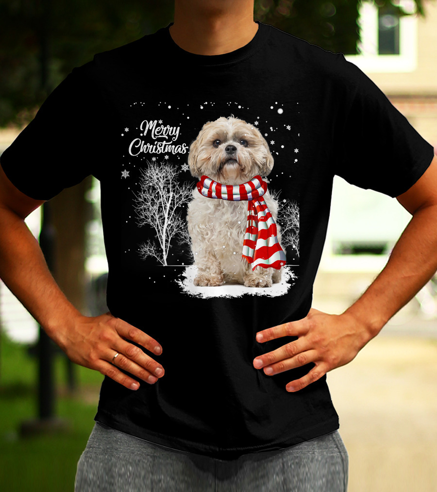 Shih Tzu Christmas Puppy Dog Lover Family Mat With Festive Scarf Snowflakes And Winter Trees T-Shirt