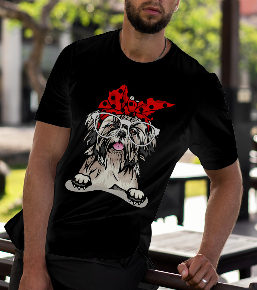 Shih Tzu Christmas Red Plaid Headband And Glasses Holiday T-Shirt