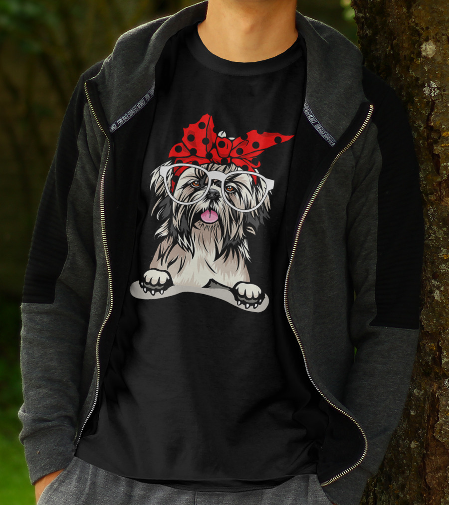 Shih Tzu Christmas Red Plaid Headband And Glasses Holiday T-Shirt