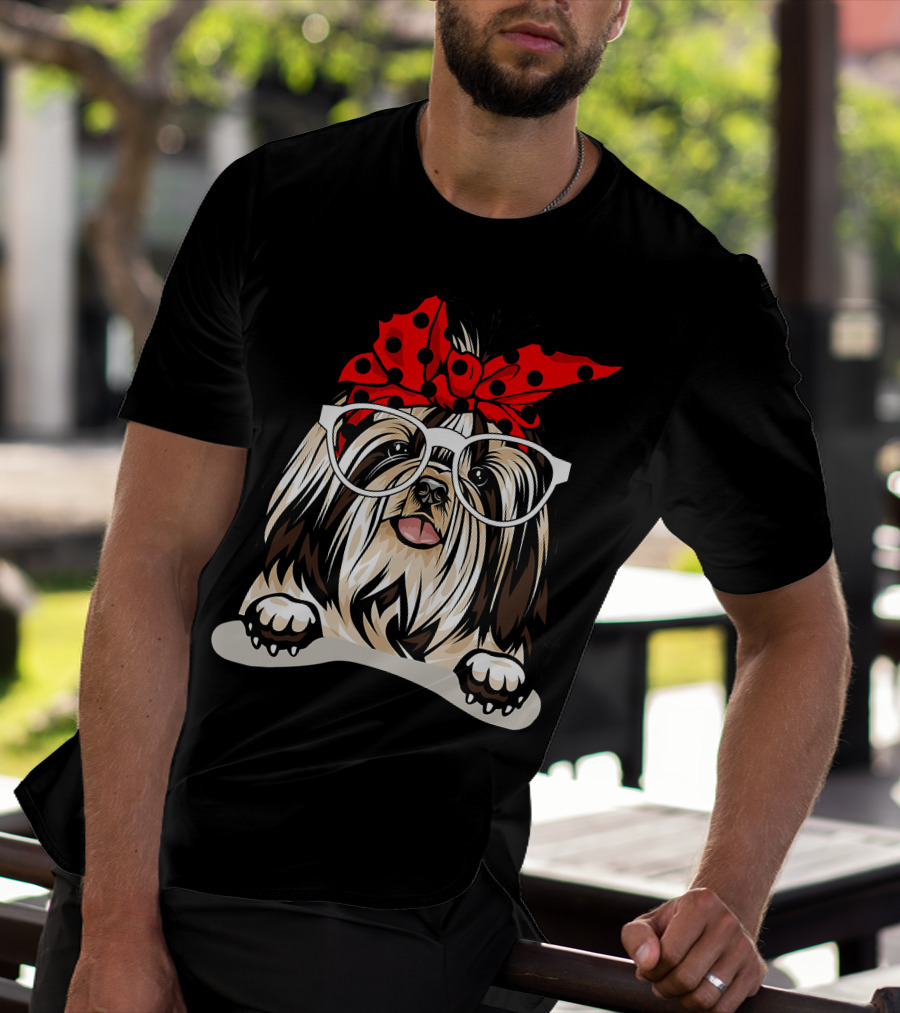 Shih Tzu Christmas Red Plaid Headband Glasses T-Shirt