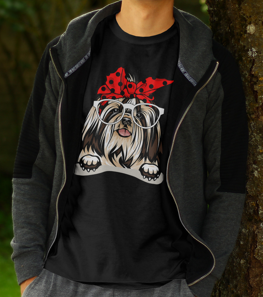 Shih Tzu Christmas Red Plaid Headband Glasses T-Shirt