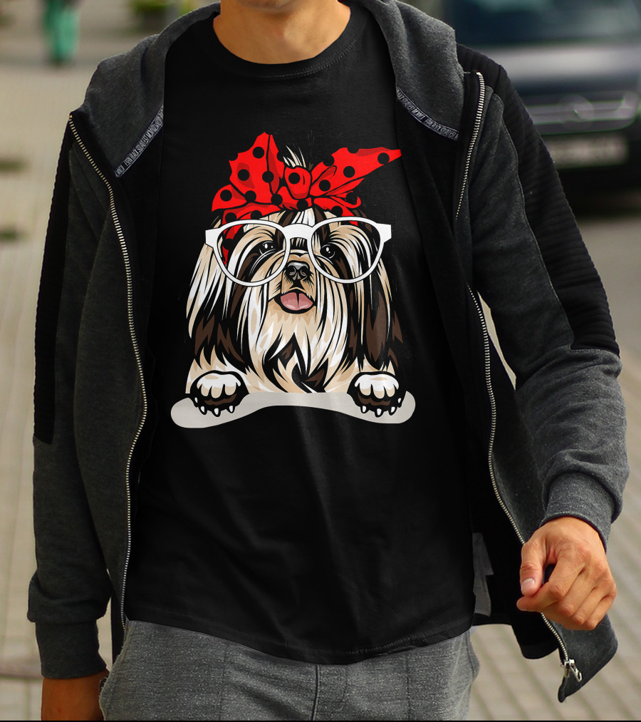 Shih Tzu Christmas Red Plaid Headband Glasses T-Shirt