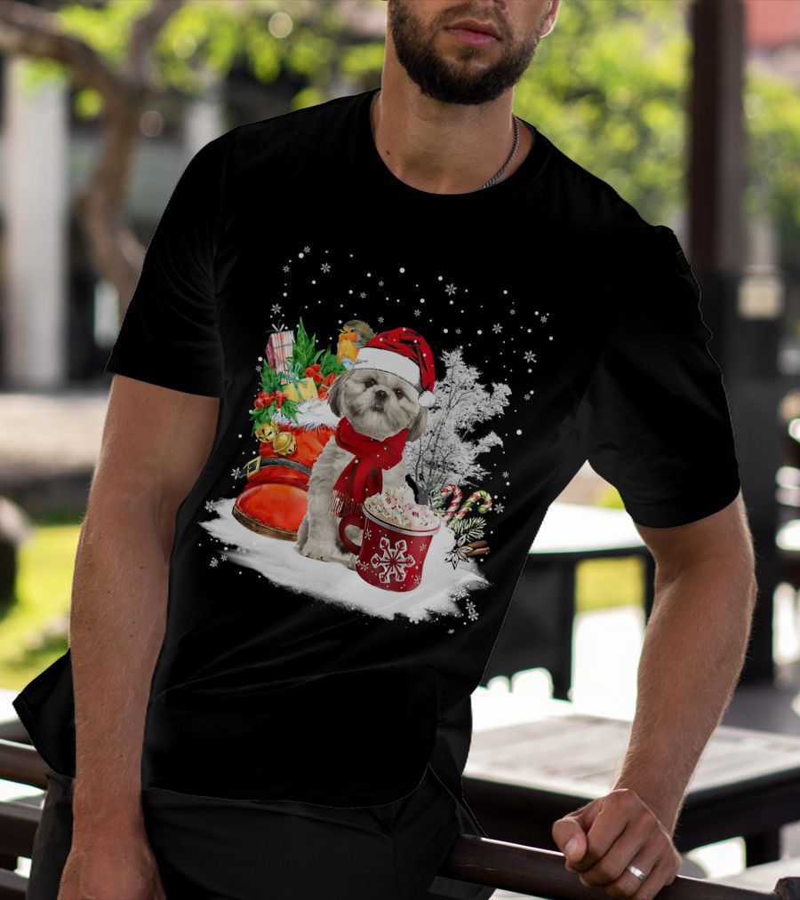 Shih Tzu Dog Santa Hat Hot Cocoa Christmas Scene T-Shirt