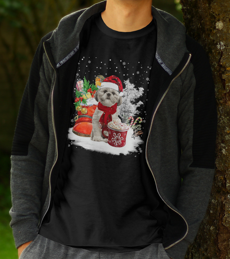 Shih Tzu Dog Santa Hat Hot Cocoa Christmas Scene T-Shirt