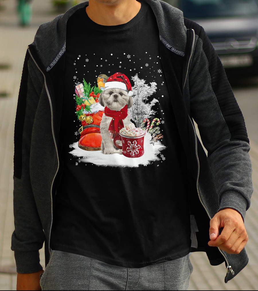 Shih Tzu Dog Santa Hat Hot Cocoa Christmas Scene T-Shirt