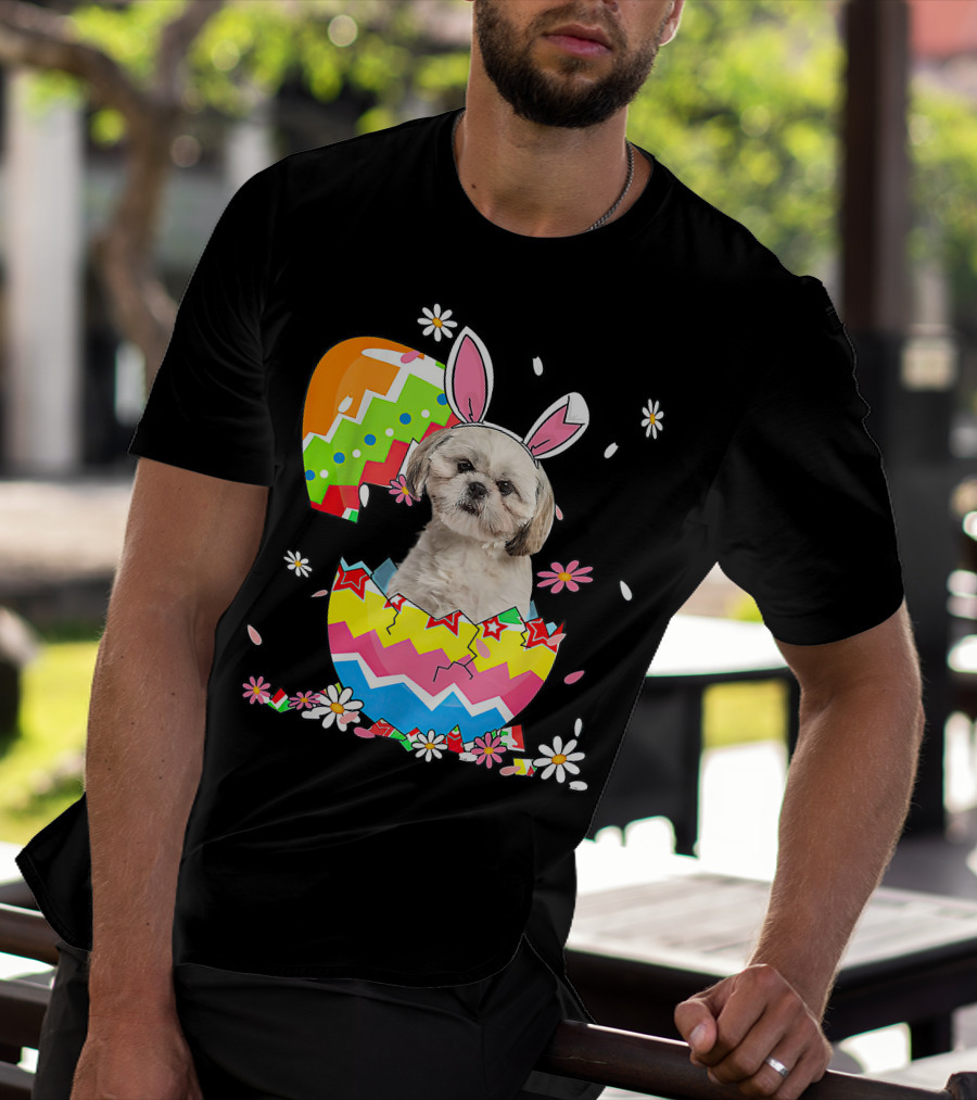 Shih Tzu Dog In Colorful Easter Egg With Bunny Ears And Flowers T-Shirt