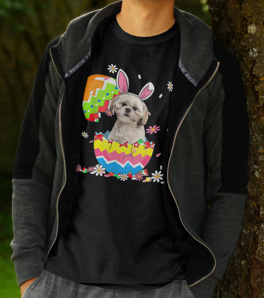 Shih Tzu Dog In Colorful Easter Egg With Bunny Ears And Flowers T-Shirt