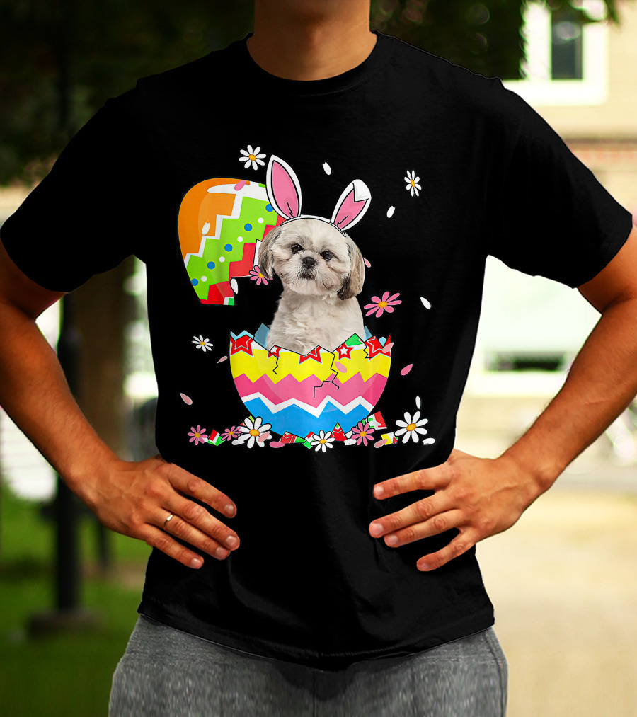 Shih Tzu Dog In Colorful Easter Egg With Bunny Ears And Flowers T-Shirt