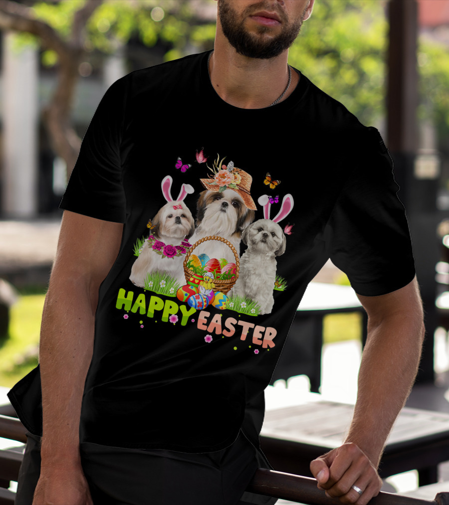 Happy Easter Shih Tzu Bunny Ears Basket Eggs Butterflies Flowers T-Shirt