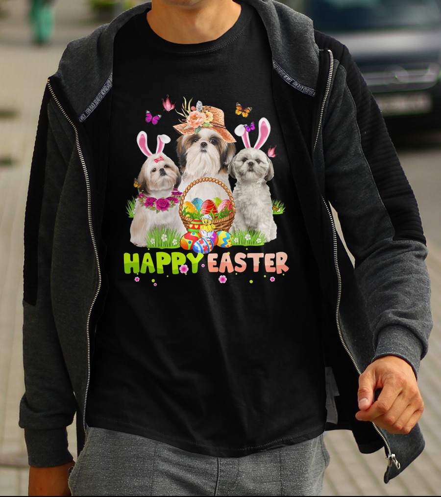 Happy Easter Shih Tzu Bunny Ears Basket Eggs Butterflies Flowers T-Shirt