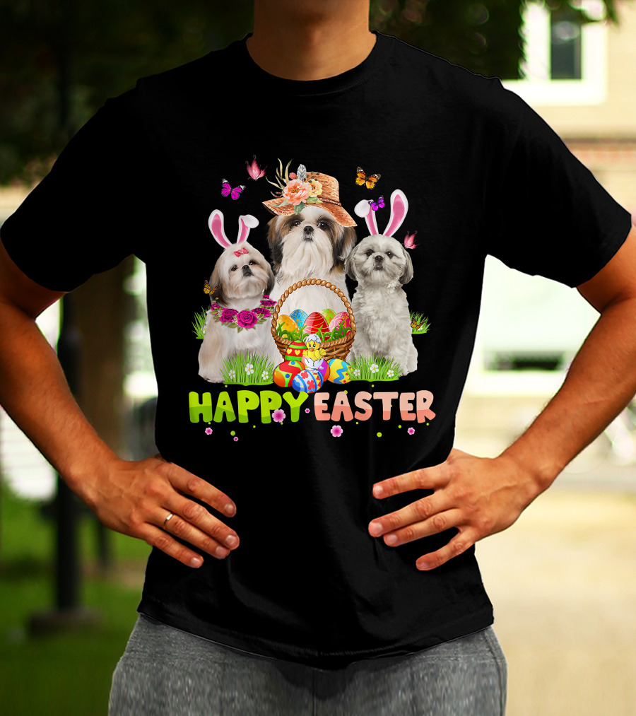 Happy Easter Shih Tzu Bunny Ears Basket Eggs Butterflies Flowers T-Shirt