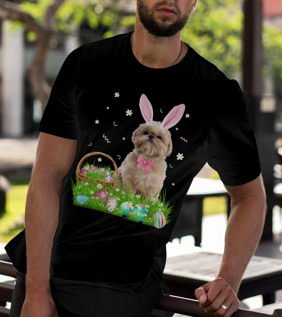 Shih Tzu Easter Day Bunny Ears And Colorful Eggs Easter98 T-Shirt