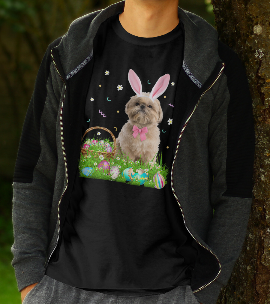 Shih Tzu Easter Day Bunny Ears And Colorful Eggs Easter98 T-Shirt