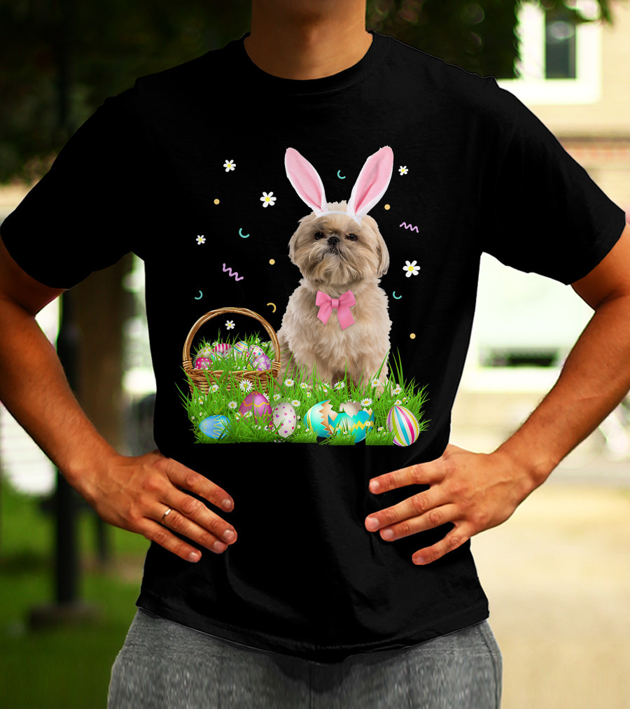 Shih Tzu Easter Day Bunny Ears And Colorful Eggs Easter98 T-Shirt