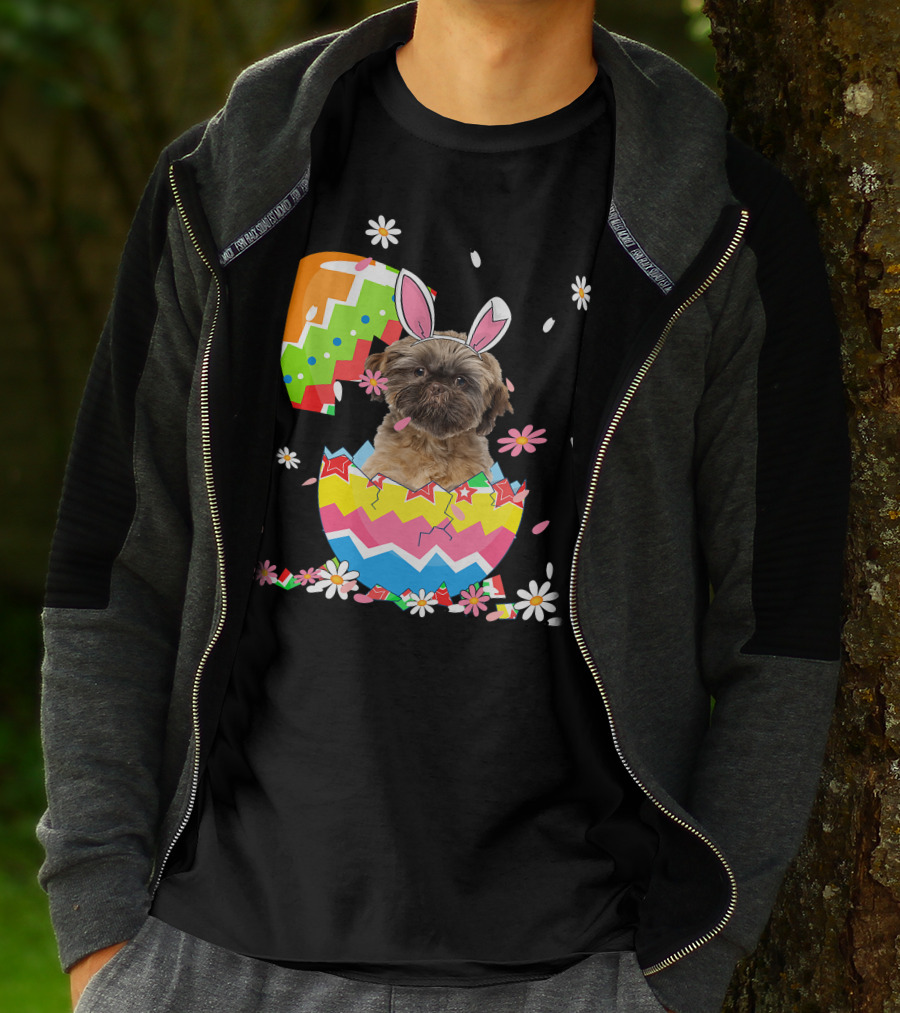 Cute Shih Tzu Easter Day Dog Dad Dog Mom With Bunny Ears And Colorful Egg T-Shirt