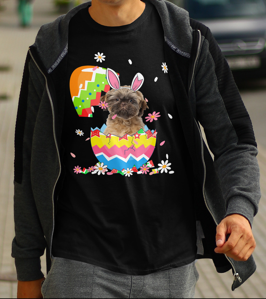 Cute Shih Tzu Easter Day Dog Dad Dog Mom With Bunny Ears And Colorful Egg T-Shirt
