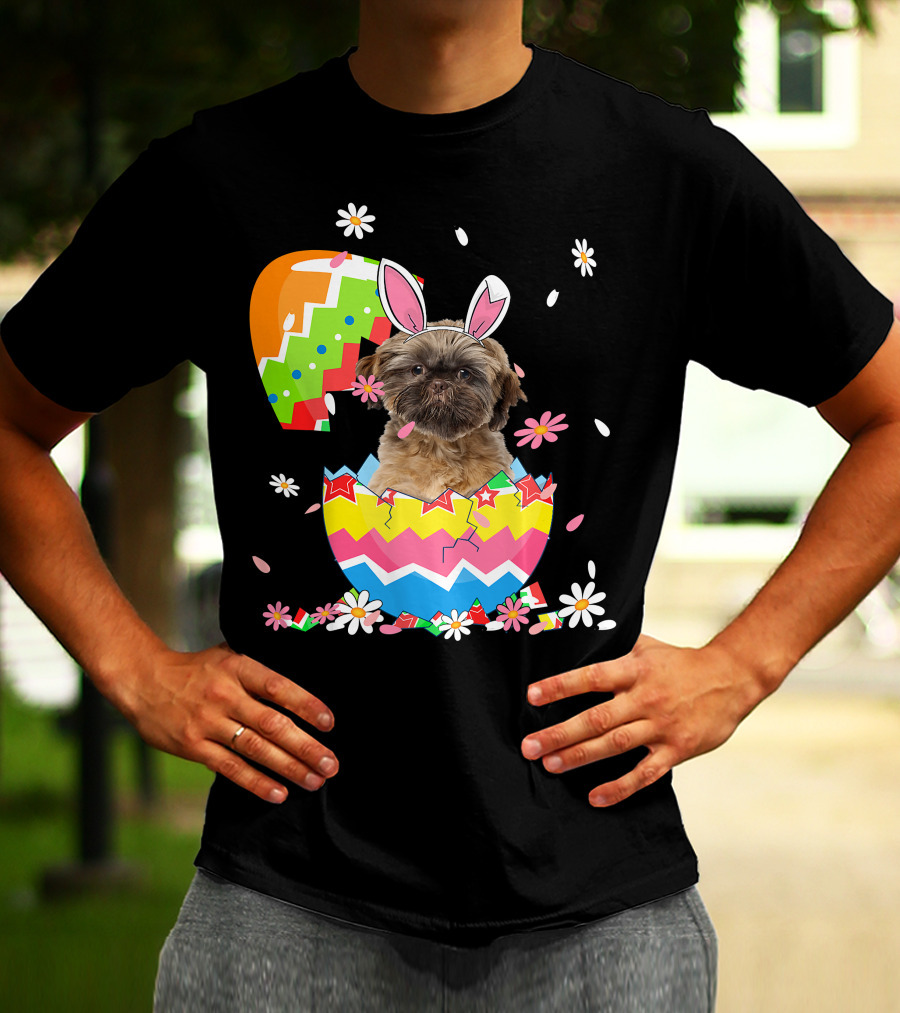 Cute Shih Tzu Easter Day Dog Dad Dog Mom With Bunny Ears And Colorful Egg T-Shirt