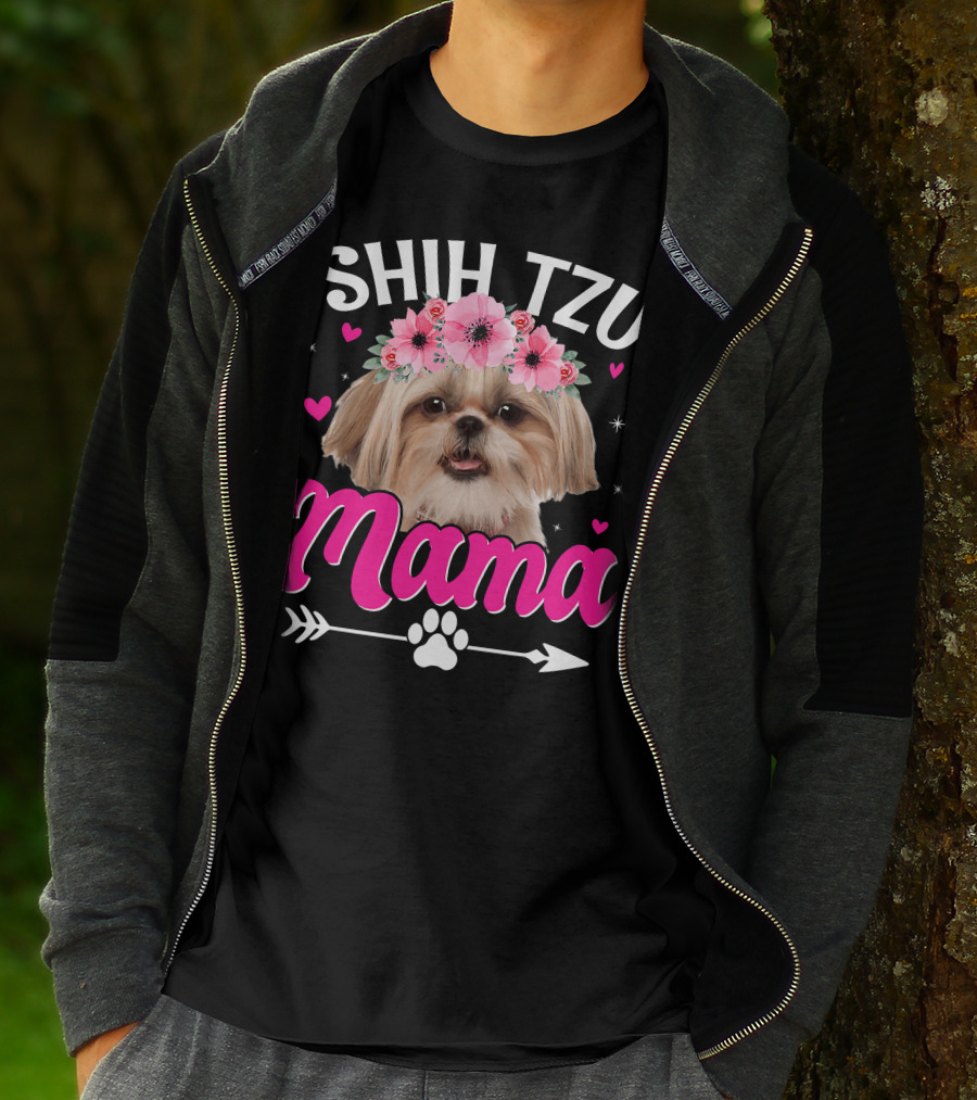Shih Tzu Mama With Flower Crown Hearts T-Shirt