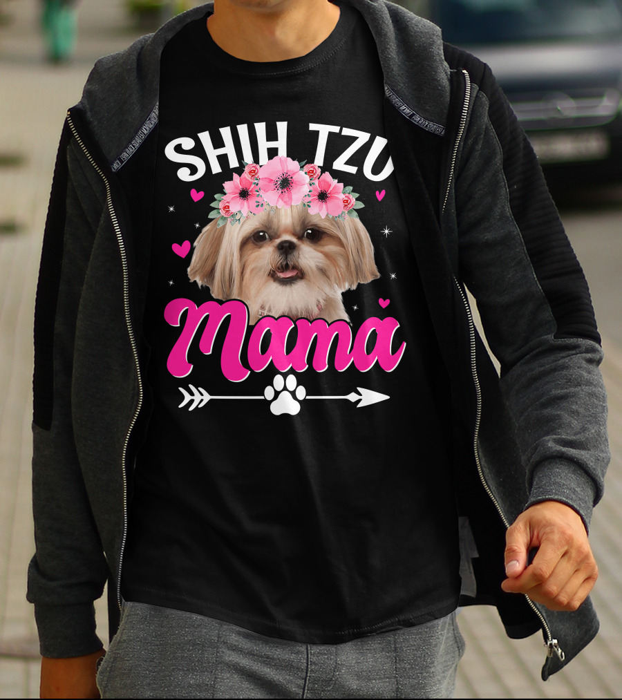 Shih Tzu Mama With Flower Crown Hearts T-Shirt