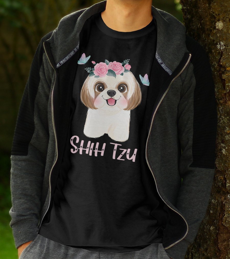 Cute Shih Tzu Mom Dad Mens Dog Lover Ladies Shih Tzu Roses Butterflies T-Shirt