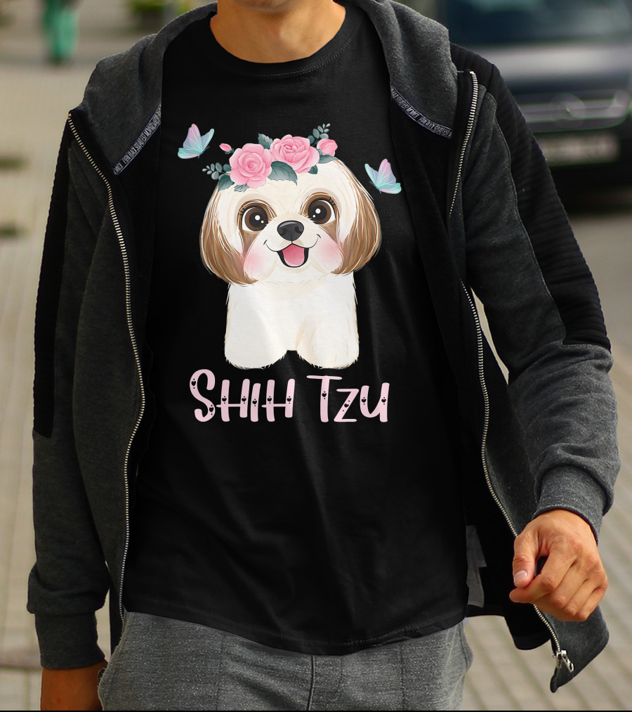 Cute Shih Tzu Mom Dad Mens Dog Lover Ladies Shih Tzu Roses Butterflies T-Shirt