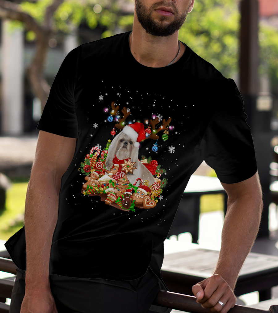 Cute Shih Tzu Reindeer Christmas Lighting Santa Xm Gingerbread Candy Cane Ornaments T-Shirt