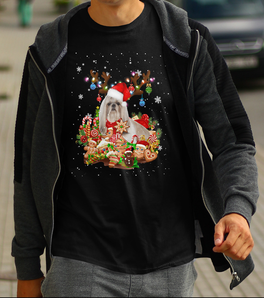Cute Shih Tzu Reindeer Christmas Lighting Santa Xm Gingerbread Candy Cane Ornaments T-Shirt