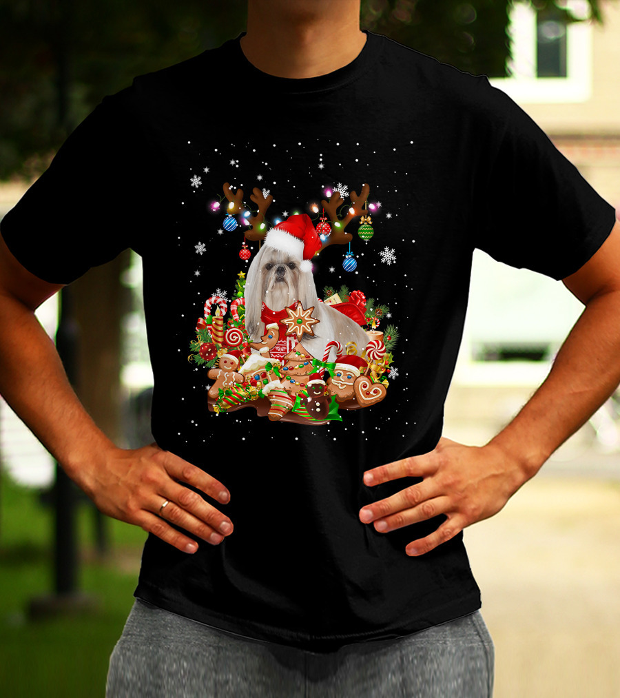 Cute Shih Tzu Reindeer Christmas Lighting Santa Xm Gingerbread Candy Cane Ornaments T-Shirt